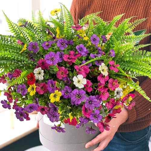 Artificial Fake Flowers for Outdoors,16 Bundles Artificial Plants Outdoor Faux Plants UV Resistant, Realistic Faux Silk Flower 6 Colors Spring Summer Decor for Porch Outside Planter Window Box - color: Redpurple-white, size: 16