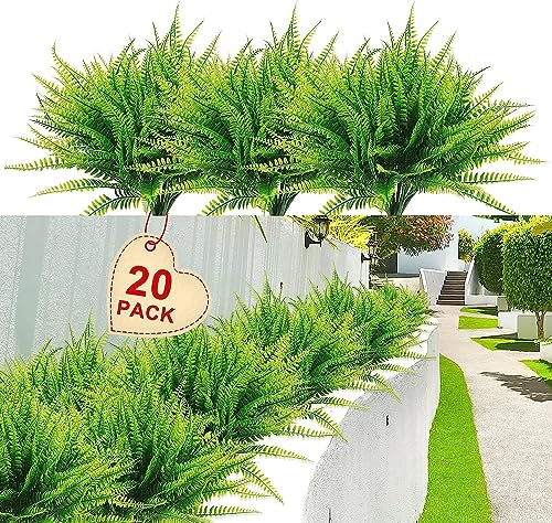Coreland Outdoor Artificial Boston Fern Plants Bushes 20Packs Faux Plants Shrubs Greenery UV Resistant for House Office Garden Décor - color: 20 Pcs