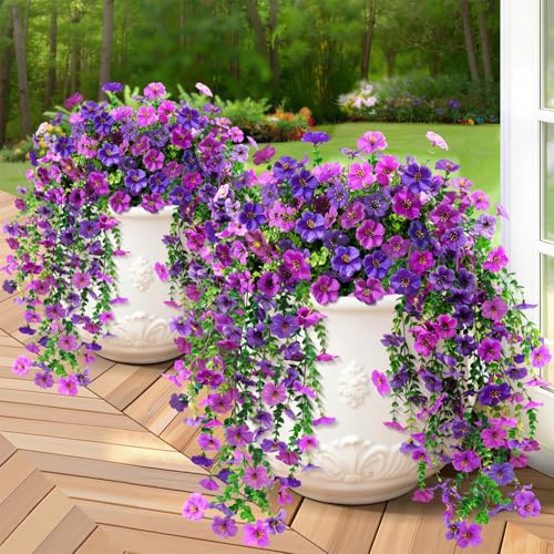 BlessedSeason 4 Pcs Artificial Hanging Flowers, UV Resistant Fake Flowers with Flexible Stems, Full Bundle Faux Flowers for Outdoor Planters, Zero Maintenance for Patio, Garden, Balcony, Double Purple - color: Double Purple, size: 4 PCS