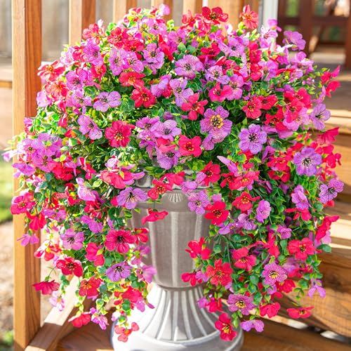 Artificial Faux Hanging Flowers Plants for Outdoor Decor, 2 PCS Outside Fake Silk Violets with Eucalyptus UV Resistant Realistic Daisy Trailing Vines for Planter Balcony Porch Patio Yard, Purplepink - color: Purplehotpink