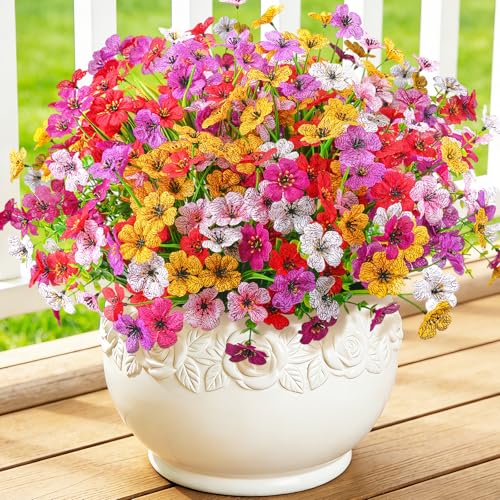 Ammyoo 24 Bundles Artificial Flowers for Outdoor Decoration, Fake Flowers No Fade UV Resistant Faux Silk Flower Plants for Outside Planters Garden Yard Porch Patio Balcony Indoor Decor(6 Colors) - color: 6 Colors