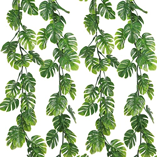RECUTMS 4Pcs Artificial Monstera Leaves Vines, 5.9FT Fake Hanging Plant Ivy Faux Tropical Palm Leaf Greenery Garland for Garden Porch Patio Jungle Luau Beach Birthday Party Indoor Outdoor Spring Décor - color: Monstera Leaf Vines 4pcs