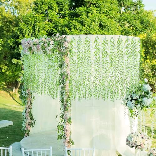 Artificial Hanging Vines Fake Ivy Green 10, Pack Plastic Stems Greenery Faux Weeping Willow Plants Leaves Vine for Wedding Party Indoor Outdoor Home Decor Garden Balcony Patio Planter DIY Decorations - color: Willow Branches - Green 10 Pack