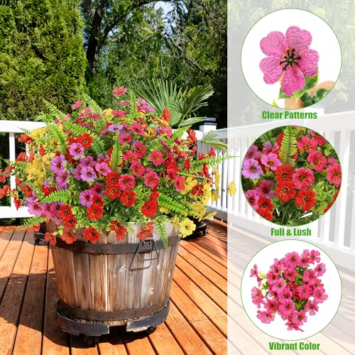 Artificial Flowers for Outdoors 12 Bundles Realistic Faux Plants UV Resistant Fake Silk Daisy with Eucalyptus for Boxwood Planter Patio Porch Outside Spring Summer Decoration(Mixed with Fern) - color: Mixed With Ferns