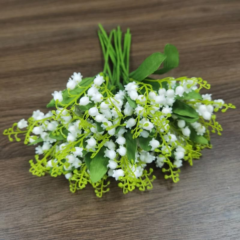 12 Pieces 4 Forks Lily of The Valley Artificial Flowers Bouquet,Plastic Flowers for Outdoors,Fake Flowers with Stem,Home Wedding Party Garden Wreath Table Center Pieces Decor