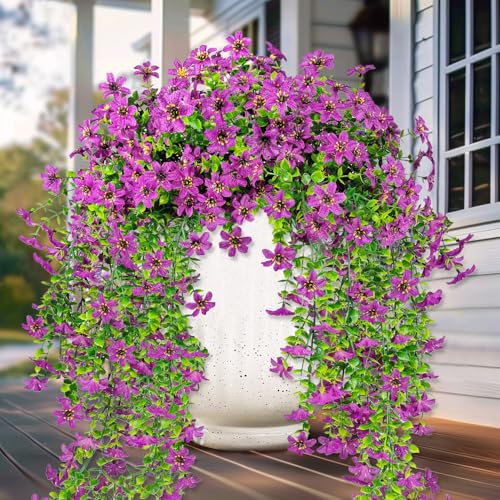 4 PCS Artificial Hanging Flowers for Outdoors, Fake Hanging Plants UV Resistant Faux Silk Daisy with Eucalyptus Leaves for Outside Home Indoor Planter Porch Patio Balcony Yard Decor (Purple) - color: Purple