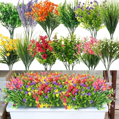 Hotop 36 Bundles Artificial Plants Flowers for Outdoor UV Resistant Greenery & Fake Wildflowers Faux Plastic Plant No Fade for Hanging Planter Porch Window Home Wedding Summer Decor(Classic Colors) - color: Classic Colors