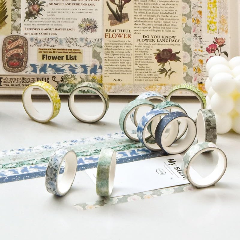 Flowers Washi Tape Set 30 Rolls Floral Patterns Decorative Skinny Slim Masking Tapes for Arts, DIY Crafts, Journals, Planners, Scrapbook, Wrapping (Greens Thrive) - color: Greens Thrive