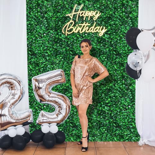 18 Pcs 24"x16" Artificial Grass Wall Panel, Neon Sign 16.5" x 12.2" with Dimmable Switch for Indoor Outdoor Patio Balcony Greenery Garden Privacy Fence Party Wedding Birthday Decor(Happy Birthday) - style: Happy Birthday