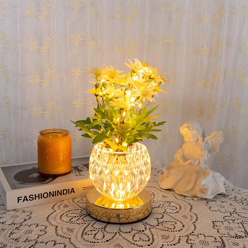 Flower Table Lamp, 3 Colors Touch Stepless Dimming Daisy Night Light, Rechargeable Artificial Flower Light, LED Flower with Vase Lamp Romantic Decor for Date Party Home (Yellow - Daisy) - color: Yellow - Daisy
