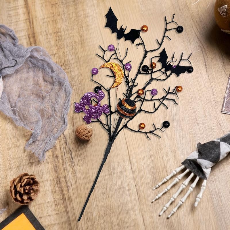 3 Pack Artificial Halloween Floral Picks Purple Orange Black Berry Stems Halloween Tree Branches with Glitter Ball for Halloween Party Flower Arrangement Centerpieces (Black) - color: Black