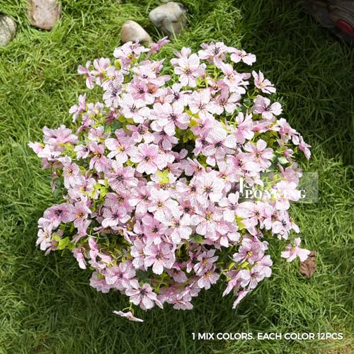 Artificial Flowers for Outdoors Patio Decoration 12 Bundles Fake Flower Cherry Blossom UV Resistant Faux Plants Yard Garden Porch Home Boxwood Planter Patio Mothers Day Decor, Light Pink Flower - color: D Light Pink Cherry Blossom 12pcs