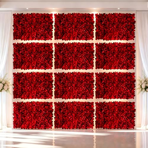 Flower Wall Panel Backdrop: 12 Pcs 24 x 16 Inch Red Artificial Hydrangea Floral Panels - color: Red, size: 12 PCS