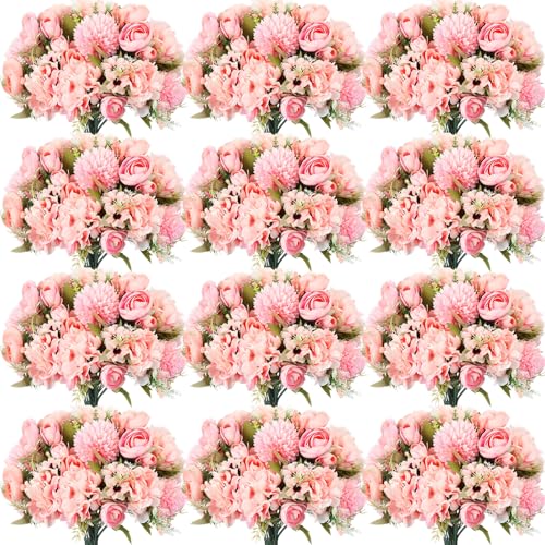 Tigeen Peonies Artificial Flowers Faux Roses Silk Flowers Hydrangea Artificial Bouquet for Wedding Table Centerpiece Floral Vase Home Office Bridal Decor(Pink,24 Bundles) - color: Pink