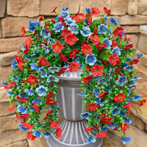HyeFlora Faux Flowers for Outdoors Decoration, 2Pcs Artificial Fake Hanging Spring Summer Decor, Red and Blue Realistic Plants, UV & Fading Resistant Silk Flower for Porch Patio Balcony Planter Yard - color: Blue+red