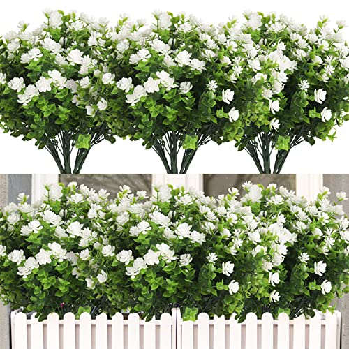RECUTMS 12 Bundles Artificial Outdoor Plants, Artificial Greenery for Flower Arrangements Shrubs UV Resistant Faux Plastic Plants Spring Decorations for Home Front Porch Decor(White) - color: White, size: 12 Pcs