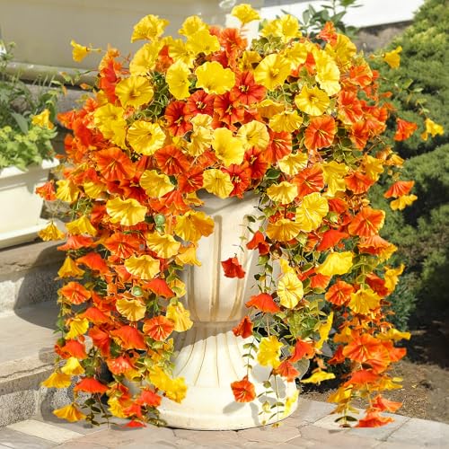 Artificial Flowers for Outdoors Fall Hanging, 4-pack Artificial Morning Glory includes 180 Flowers, Uv-Resistant Faux Silk Fake Realistic Plants for Home Garden Porch Patio Balcony Planter Yard - color: Orange