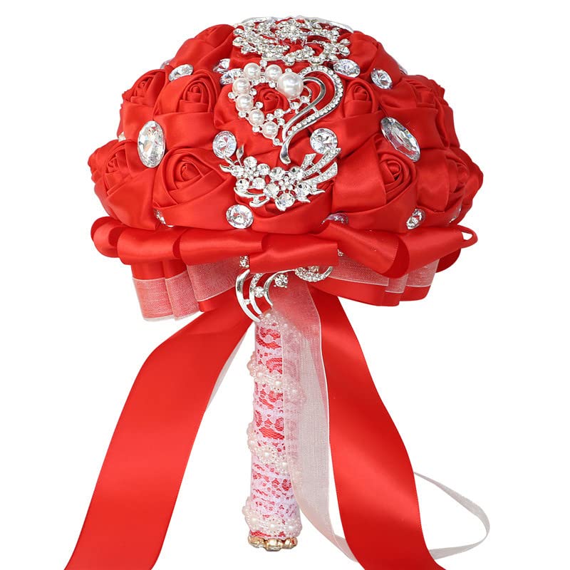 Wedding Bouquets Crystal Satin Rose Bride Bridal Bouquet Romantic Bridesmaid Holding Flower for Valentine's Day Confession Party Church Decor (Red) - color: Red