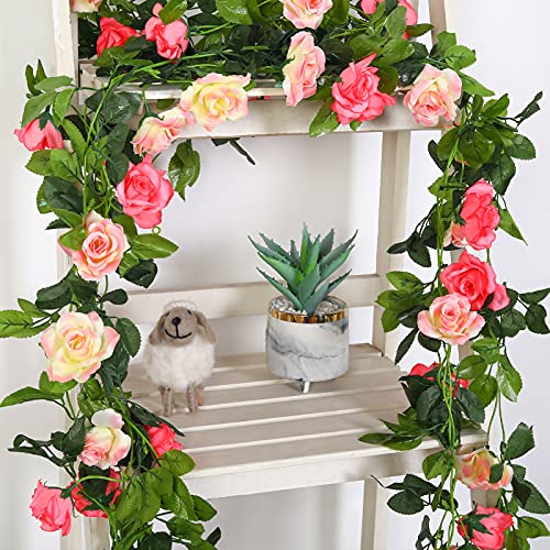 JUSTOYOU Artificial Rose Garland Vines Pink Flowers Hanging Silk Rose Vine for Wedding Home Office Arch Arrangement Decoration 7.6FT(2PCS) - color: Pink-a