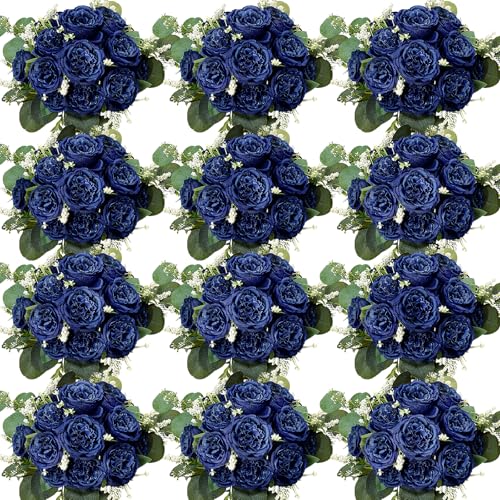 Peonies Artificial Flowers Bulk, 12 Bundles Fake Silk Peonies Faux Eucalyptus Bouquet Realistic Peony Floral Arrangement for Wedding Table Centerpiece Vase Decor (Navy Blue) - color: Navy Blue