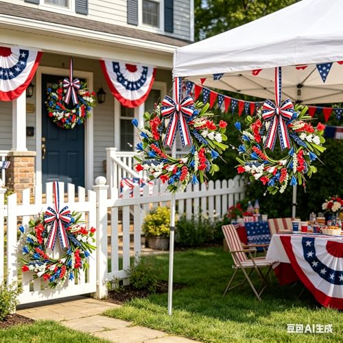 6 Pcs Small 4th of July Hanging Wreaths for Cabinets Patriotic Mini Candle Ring Wreath with Red White Blue Flowers Artificial Independence Day Wreath for Front Door Window Porch Wall Table Centerpiece - color: Patriotic-11