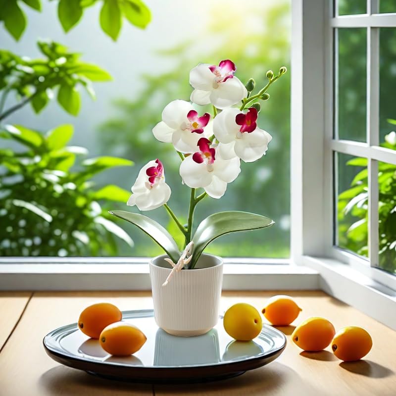 10.2" Orchids Artificial Flowers Fake Orchid Plant Potted Butterfly Orchid Silk Flowers Decor for Home Living Room Bathroom Wedding Office Decoration (White) - color: White
