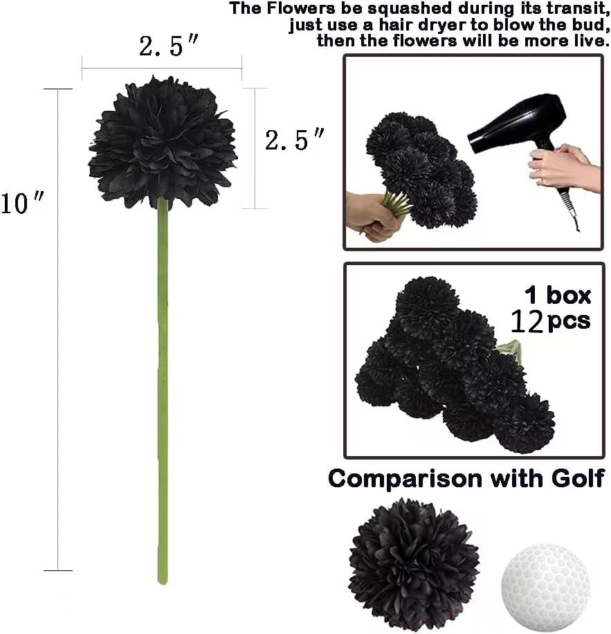 12pcs Black Artificial Flowers Fake Flowers Silk Artificial Chrysanthemum Ball Hydrangea Bridal Wedding Bouquet for Home Garden Party Decor (Black) - color: Black，12pcs