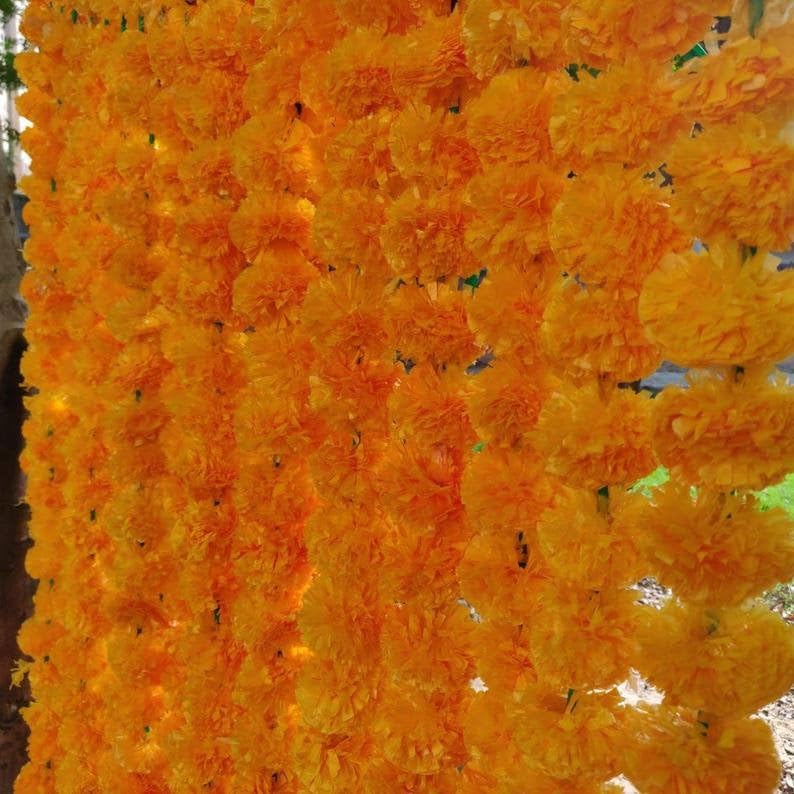 Artificial Marigold Garland for Decoration 5 Pcs of 5 feet Long Strands Artificial Marigold Flowers, Indian Decor for Pooja, Wedding Christmas, Events Decorations (Mango) - color: Mango