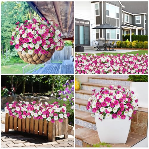 Artificial Flowers for Outdoors, 16 Bundles Mix Color Silk Faux Flowers Morning Glory UV Resistant Eucalyptus Plants Fake Petunias Plants for Porch Garden Planters Window Box Outside Indoor Decor - color: Fuchsia White
