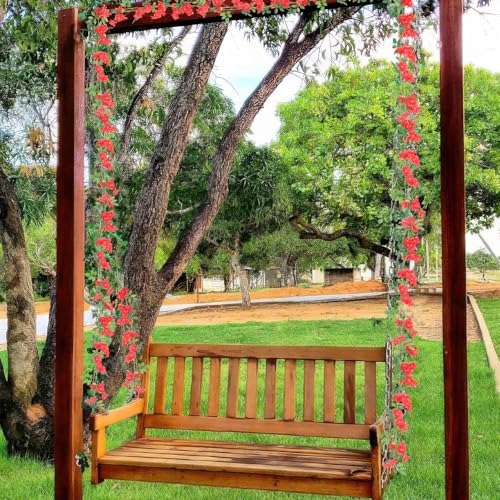 2 Pcs Artificial Flowers Garland for Outdoors Red Faux Gardenia Garland 15.5Ft Silk Rose Hanging Vines Floral for Wedding Arch Party Wall Garden Ceremony Backdrop Fence Spring Decor - color: Red