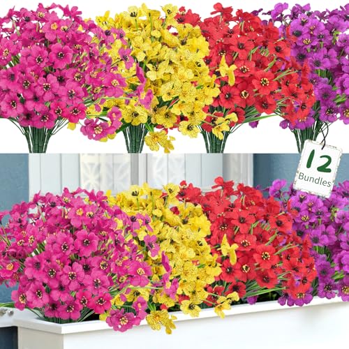 Ouddy Decor 12 Bundles Artificial Flowers for Outdoors Fake Silk Flowers UV Resistant Faux Plastic Plants for Indoor Outdoor Vase Box Garden Porch Window Box Home Spring Summer Decor, Multicolor - color: Multi Color, size: 12 Bundles