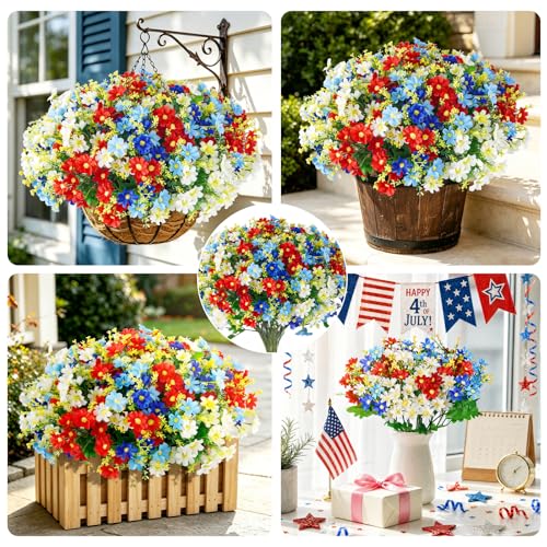 Uieke Artificial Flowers for Outdoors, 12 Bundles Daisy Mums Fake Flowers Realistic Faux Flowers Spring Summer Decoration UV Resistant for Planters Porch Patio Garden Window Box Outside Home Decor - color: Red, White, Blue, size: 12