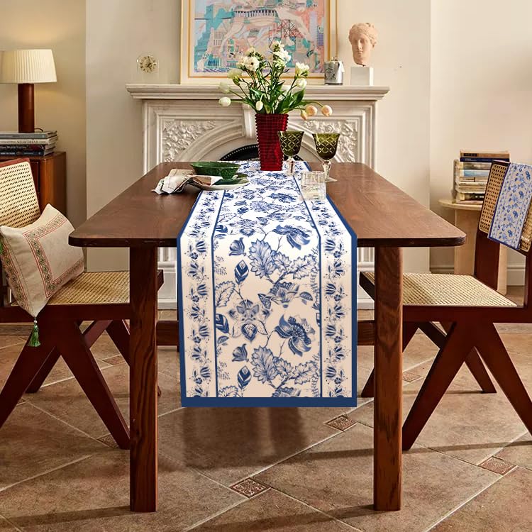 WRAPAHOLIC Blue Floral Table Runner - 13 x 106 Inch - Seasonal Spring Summer Farmhouse Indoor Kitchen Anniversary Wedding Dining Table Decorations for Home Party - size: 13 x 106 inch