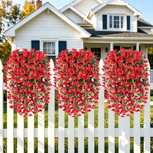 Artificial Hanging Flowers for Outdoors, 6 PCS Silk Morning Glory Artificial Flowers with Eucalyptus Leaves, UV Resistant Fake Flower Realistic Faux Plants for Home Patio Porch Garden Decor, Red - color: Red
