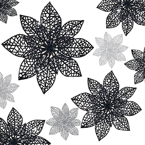 Wironlst 24 Pieces Glitter Poinsettia Flowers Christmas Tree Ornaments, Glitzy Poinsettia Bushes Christmas Decorations for Xmas/Holiday/Seasonal/Wedding (Black) - color: Black