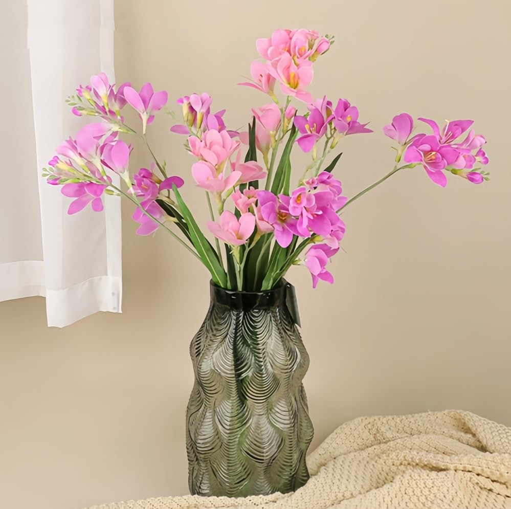 4pcs Freesias Flowers Artificial with Long Stem,24"Real Touch Dendrobium Plants Fake Orchid Leaves,Faux Larkspur Flowers for Outdoor Table Garden Party Wedding Bouquet Fillers,Patio Decor (Hot Pink) - color: Hot Pink