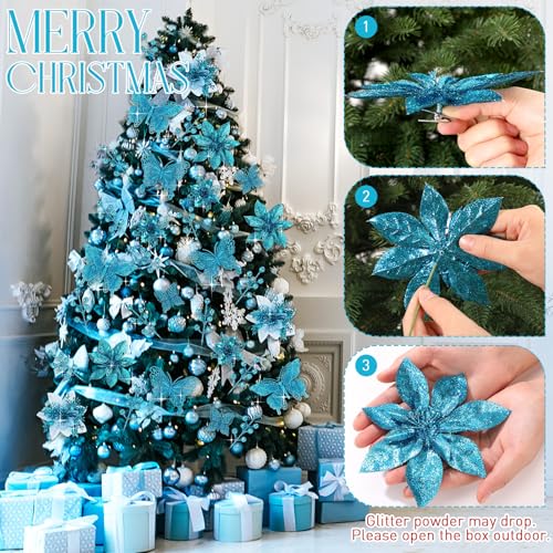 Thiccywoov 122 Pcs Christmas Glitter Poinsettia Artificial Flowers Berry Picks Butterfly Christmas Tree Ornaments 3 Styles Poinsettia kit with Clip for Xmas Wreath Home Tree Decor (Lake Blue) - color: Lake Blue