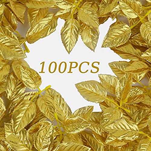 100pcs Bulk Rose Gold Leaves Artificial Greenery Fake Rose Leaves for DIY Wedding Bouquets Centerpieces Party Decorations - color: 100pcs Gold