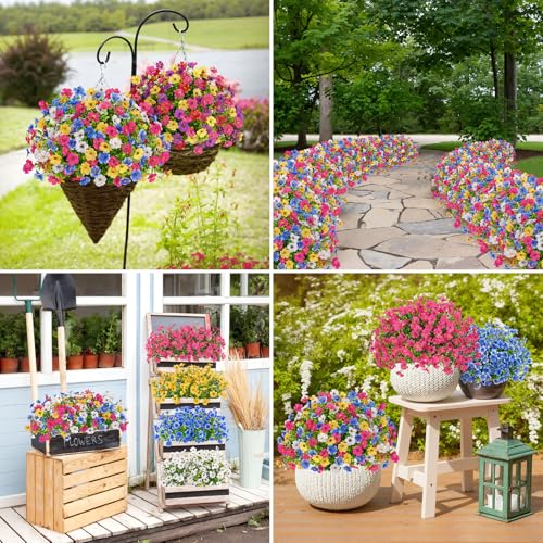 Bassion Artificial Flowers for Outdoors, 16 Bundles UV Resistant Fake Flowers Realistic Silk Faux Plants for Outdoor Planter Window Box Porch Patio Garden Home Outside Decorations - color: Fuchsia Blue Yellow White