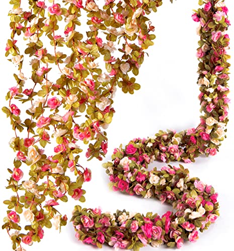 PONKING 8 Pcs x 8.2 ft Flower Garland Artificial Rose Vine Flowers with Green Leaves Hanging Fake Roses Vine for Room Party Home Wedding Birthday Christmas Wall Arch Decor, Champagne Pink Flower - color: Fall-pink Champagne-8pcs, size: 8 Vines 66FT