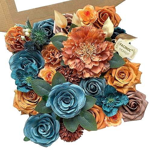 FACINOC Roses Artificial Flowers Bouquet Box Set Fake Flower for DIY Bridal Wedding Shower Decorations Centerpieces for Table Faux Silk Floral Arrangement for Party Home Decor Indoor Teal Orange - color: S (Orange, Teal)