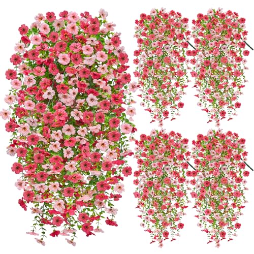 Artificial Hanging Flowers for Outdoors Spring Summer Decoration, 4PCS UV Resistant Silk Fake Hanging Plants for Patio Porch Front Yard Window Garden Indoor Decor(Hot Pink&Light Pink,4PCS) - color: Red&pink, size: 4PCS