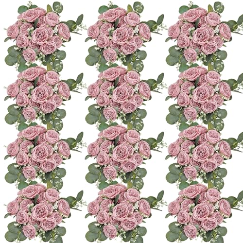 Peonies Artificial Flowers Bulk, 12 Bundles Fake Silk Peonies Faux Eucalyptus Bouquet Realistic Peony Floral Arrangement for Wedding Table Centerpiece Vase Decor (Dusty Pink) - color: Dusty Pink