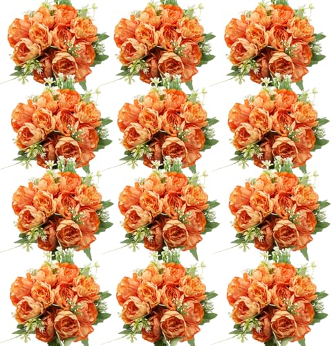 12 Bundles Orange Peonies Artificial Flowers Bulk for Centerpiece | Realistic Silk Flowers, Wedding Decoration, Home Table Centerpiece, DIY Bouquet - color: Orange