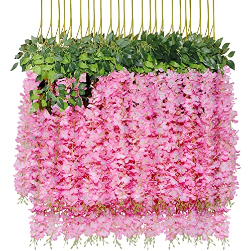 U'Artlines 24 Pack (Total 86.4 Feet) Artificial Fake Wisteria Vine Rattan Hanging Garland Silk Flowers String Home Party Wedding Decor (24, Pink) - color: Pink