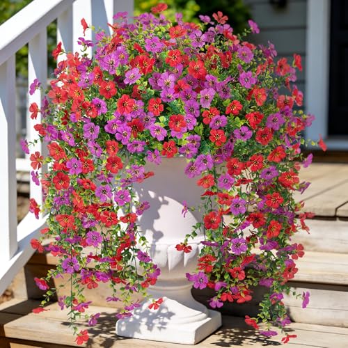 Fake Artificial Hanging Flowers for Outdoors Decoration, 2 PCS Faux UV Resistant Artificial Outdoor Flowers, Fake Plants Look Real Daisy No Fade Spring Decor for Porch Home Patio Balcony and Yard - color: Hanging Flower (Red Purple)