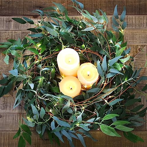 FiveSeasonStuff 2 Mix Greenery Garlands with 33 ft USB String Lights, Bendable Willow & Eucalyptus Vine for Wedding Backdrops, Fireplace Mantels and Party Decor - color: Willow Garlands With String Lights