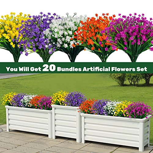 Lnoicy 20pcs Artificial Fake Flowers,Plastic Flowers for Outdoor Decoration, UV Resistant Faux Flowers Shrubs, Artificial Plants for Indoor Outside Garden Home Wedding Farmhouse（5 Color） - color: Mix Color, size: 20 PCS