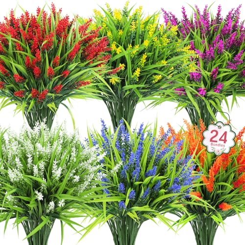 Ouddy Decor 24 Bundles Artificial Flowers for Outdoors, Fake Lavender Flowers Monkey Grass Faux Plastic Plants Shrubs UV Resistant for Porch Garden Window Box Office Home Decorations, Mixed - color: Multi Color
