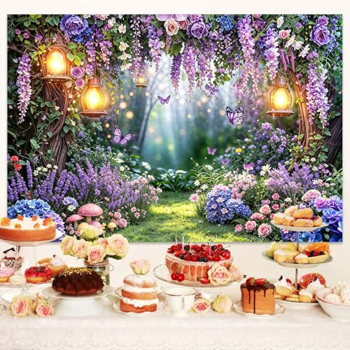 Spring Enchanted Forest Backdrop, Fairy Tale Wonderland Garden Backdrops for Photography, Purple Flower Mushroom Butterfly Woodland Fairy Tea Party Decorations Photo Booth Studio Props 5X3FT - color: Purple, size: 5X3FT